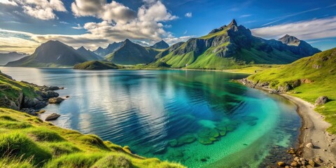 Fototapeta premium Coastline with mountains, grassy slope, and emerald water, coastline, mountains, grassy slope, emerald water, nature