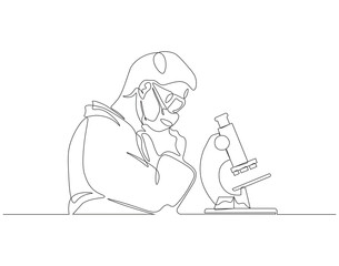 Continuous one line drawing of scientist using microscope in laboratory. One line drawing illustration of scientist with microscope. World science day concept line art. Editable outline.