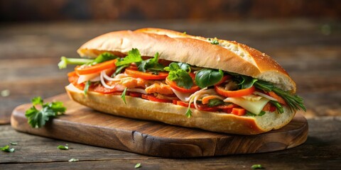 Traditional Vietnamese Banh Mi sandwich served on a crusty baguette, Vietnamese, Banh Mi, sandwich