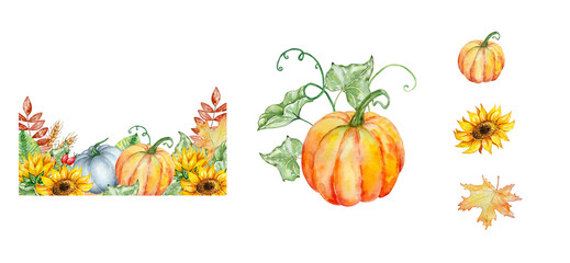 Watercolor autumn frames set with pumpkins and fall leaves