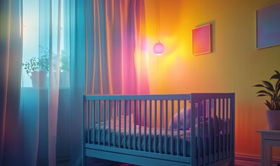 Light blue crib with soft gray bedding, glowing pink and purple lights