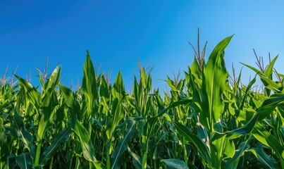 Fototapeta premium Lush green cornfield under a clear blue sky
