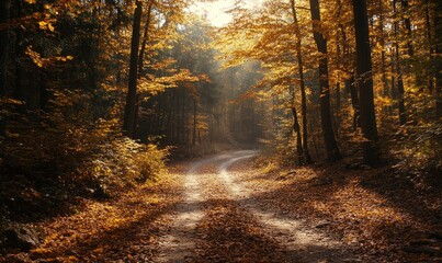 Obraz premium Path through the autumn forest, nature landscape
