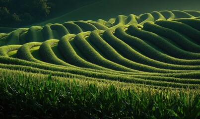 Fototapeta premium View on cornfield, green leaves, endless rows