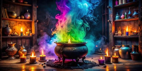 Bubbling cauldron with colorful smoke in old witch house, burning spell books & candles for sorcery altar, witchcraft