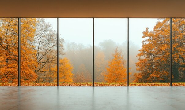 Fototapeta Minimalist living room, glass window with view on misty autumn day outside
