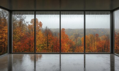 Modern room, wide window, overlooking rainy autumn day