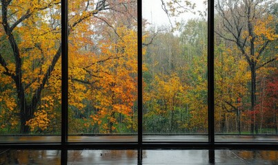 Modern room, wide window, overlooking rainy autumn day