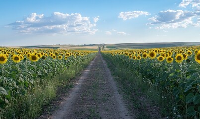 Path leading through sunflower field, tall blooms