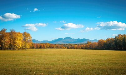 Obraz premium Autumn landscape with open field, colorful trees, distant mountains