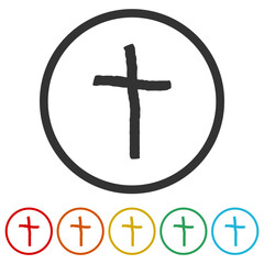 Christian cross hand drawn icon. Set icons in color circle buttons