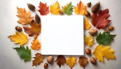 Autumn Leaves top-down mockup. Scattered Leaves with white card card with Central Copy Space - A whimsical illustration with colorful autumn leaves and acorn. Graphic art illustration