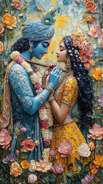 Lord Krishna and Radha in an enchanting garden. Lord Krishna in blue colour should be depicted playing the flute painting. 