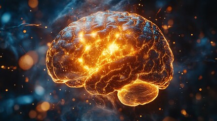 Close up of a human brain illuminated by soft, ethereal light, with neural pathways glowing in golden hues. Fusion of technology and cognitive processes. Creative idea.