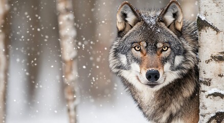 Obraz premium Close up of a wolf to a birch tree blending into the snowy backdrop of a winter forest, animal, nature, wildlife photography. 