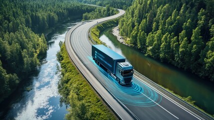 A futuristic truck on the road, an Autonomous truck with artificial intelligence, driving over rivers and lakes. Cargo delivery, transportation of the future. Artificial intelligence. Self-driving.