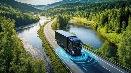 A futuristic truck on the road, an Autonomous truck with artificial intelligence, driving over rivers and lakes. Cargo delivery, transportation of the future. Artificial intelligence. Self-driving.