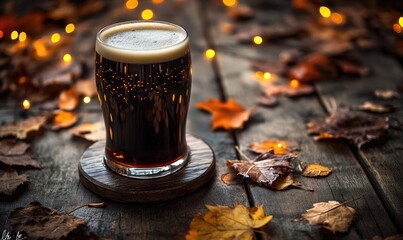 Pint of dark beer on wooden coaster, surrounded by warm fairy lights