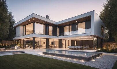 A modern home with a swimming pool and a large patio area is lit up at dusk