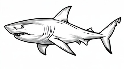 Fototapeta premium Outline illustration of a black and white shark for drawing and coloring on white background
