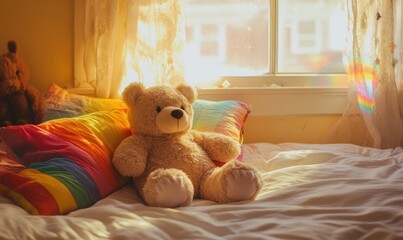 Plush bear on bed, rainbow pillows, light yellow walls