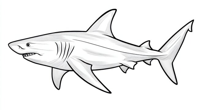 Outline illustration of a black and white shark for drawing and coloring on white background