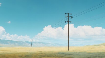 33. A high-voltage power line crossing a vast open field with a clear blue sky
