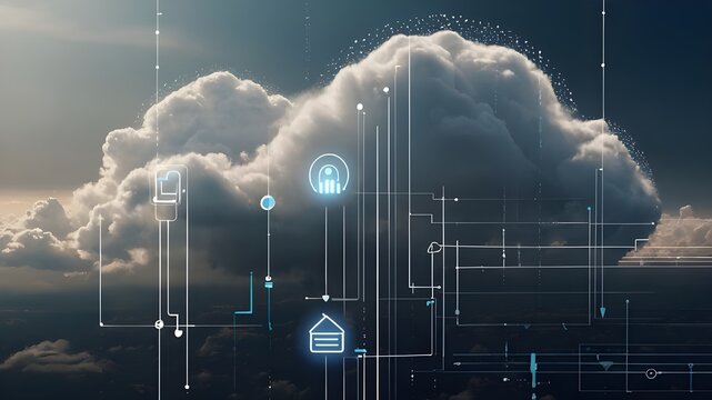 IoT and Cloud Computing, Futuristic Design with Dotted Line and Cloud Shape