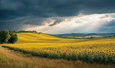 Rolling sunflower fields under dramatic skies, golden waves