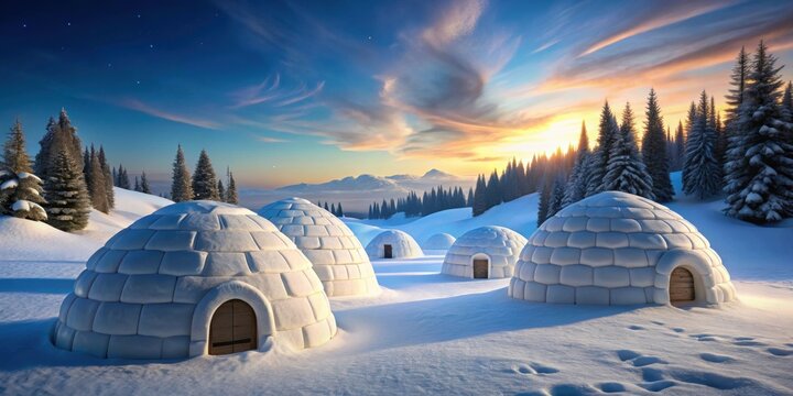 Small igloo village nestled in a snowy landscape, igloo, village, snow, winter, Arctic, cold, home, traditional, community