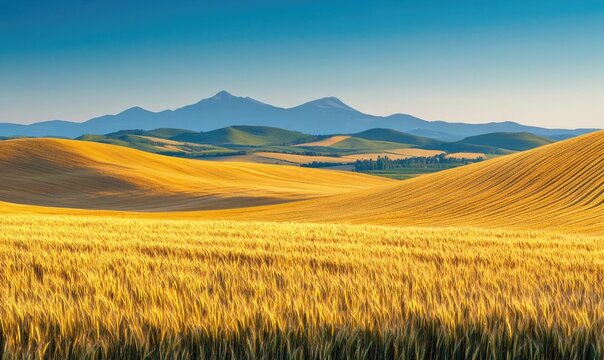 Rolling wheat fields, golden waves, distant mountains
