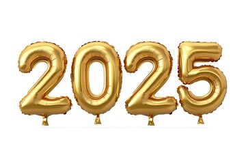 Happy New Year 2025 Celebration Banner with Shiny Golden Balloon Numbers on White Background