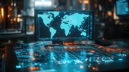 Multi exposure of table with computer and world map hologram. International data network concept