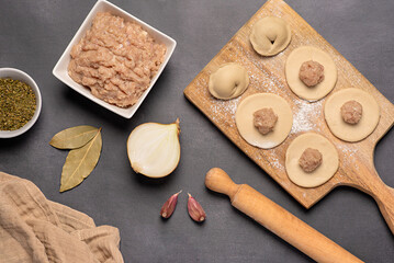Food photography of ingredients of  homemade dumplings, raw dough and minced chicken, onion, garlic, pepper, bay leaf, ravioli, tortellini