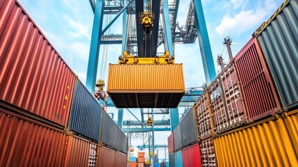 A crane lifting cargo containers at the port. Container loading in a Cargo freight ship with an industrial crane. Container ship in import and export business logistics. Transportation concept.