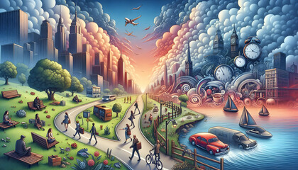 Obraz premium Photo Realistic Morning Commute and Evening Walk Concept: Daily Movement and Relaxation Set Against Whimsical Background Adobe Stock Photo