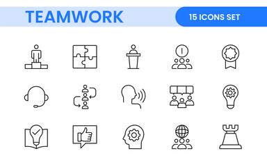 Teamwork linear icons collection. Set of coworking space icons. Business teamwork, team building, work group, and human resources minimal thin line web icon set.