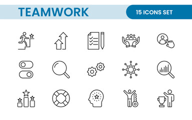 Teamwork linear icons collection. Set of coworking space icons. Business teamwork, team building, work group, and human resources minimal thin line web icon set.