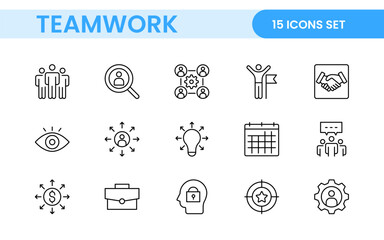 Teamwork linear icons collection. Set of coworking space icons. Business teamwork, team building, work group, and human resources minimal thin line web icon set.