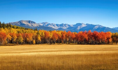 Naklejka premium Scenic fall scenery, open field, colorful trees, distant mountains