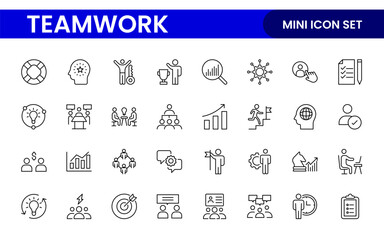 Teamwork linear icons collection. Set of coworking space icons. Business teamwork, team building, work group, and human resources minimal thin line web icon set.