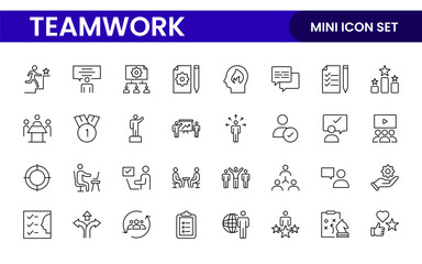 Teamwork linear icons collection. Set of coworking space icons. Business teamwork, team building, work group, and human resources minimal thin line web icon set.