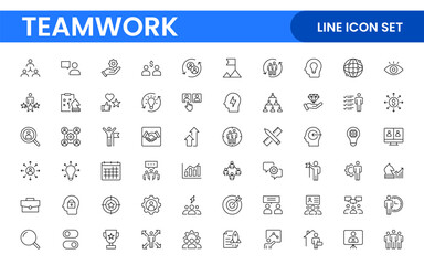 Teamwork linear icons collection. Set of coworking space icons. Business teamwork, team building, work group, and human resources minimal thin line web icon set.