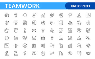 Teamwork linear icons collection. Set of coworking space icons. Business teamwork, team building, work group, and human resources minimal thin line web icon set.