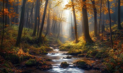 Obraz premium Serene autumn landscape, dense woods, orange and red leaves