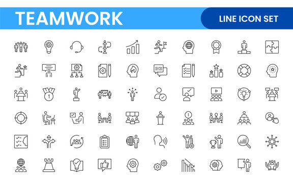 Teamwork linear icons collection. Set of coworking space icons. Business teamwork, team building, work group, and human resources minimal thin line web icon set.