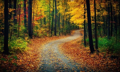 Obraz premium Serene autumn scene, forest, winding path, vibrant foliage