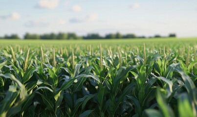 Fototapeta premium Serene corn landscape, lush green, clear sky, soft breeze