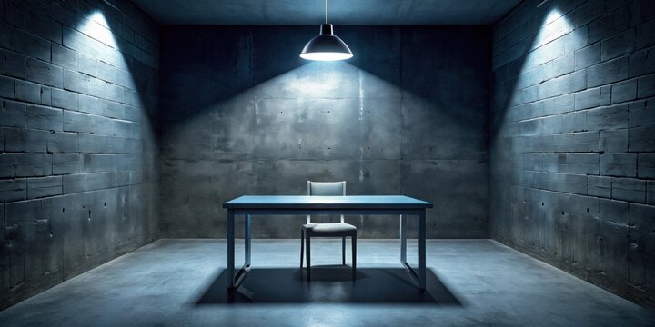 Gritty interrogation room with single bright light overhead, gritty, interrogation, room, single light, bright, harsh
