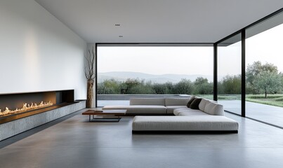 Simple minimalist interior with black fireplace